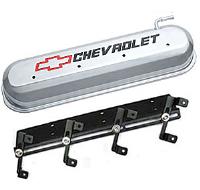 141-264 Die-Cast Slant-Edge Valve Cover Kit for GM Gen III/IV LS Engines w/Recessed Black, Red Chevrolet Logo [Polished]