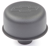 Push-In Valve Cover Breather Cap with Hood [3 in. Diameter, Black Crinkle, Bowtie Emblem]