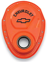 Small Block Chevy Timing Chain Cover with Embossed Black Bowtie & Chevrolet Emblem in Chevy Orange Finish