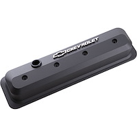 Die-Cast Slant-Edge Valve Covers for 1987-Up Small Block Chevy with Chevrolet/Bowtie Raised Emblem in Black Crinkle Finish