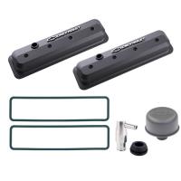 1987-Up Small Block Chevy Die-Cast Slant-Edge Center Bolt Valve Cover Kit with Raised Emblems in Black Crinkle