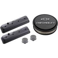 1987-Up Small Block Chevy Die-Cast Slant-Edge Center Bolt Valve Cover Kit with Raised Emblems in Black Crinkle