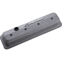 Die-Cast Slant-Edge Valve Covers for 1987-Up Small Block Chevy with Chevrolet/Bowtie Raised Emblem in Cast Gray Crinkle Finish