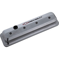 Die-Cast Slant-Edge Valve Covers for 1987-Up Small Block Chevy with Chevrolet/Bowtie Recessed Emblem in Polished Finish