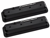 141-847 Slant-Edge Valve Covers for 1987-Up Small Block Chevy with Chevrolet/Bowtie Raised Emblem in Liquid Black Finish
