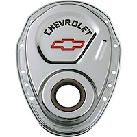Small Block Chevy Timing Chain Cover with Embossed Red Bowtie & Black Chevrolet Emblem in Chrome Finish