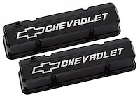 141-919 Slant-Edge Valve Covers for 1958-1986 Small Block Chevy with Chevrolet/Bowtie Raised Emblem in Liquid Black Finish