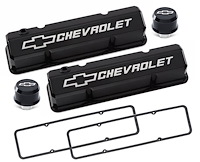141-919 Slant-Edge Valve Cover Kit for 1958-1986 Small Block Chevy with Chevrolet/Bowtie Raised Emblem in Liquid Black Finish