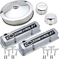 1958-1986 Small Block Chevy Engine Dress-Up Kit with Raised Emblems in Polished/Black Finish