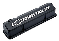 Slant-Edge Tall Cast Aluminum Valve Covers for 1959-1986 Small Block Chevy [Black, Raised Milled Emblem]