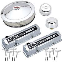 1958-1986 Small Block Chevy Engine Dress-Up Kit with Raised Emblems in Chrome/Black Finish