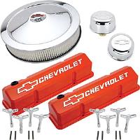 1958-1986 Small Block Chevy Engine Dress-Up Kit with Raised Emblems in Chevy Orange Finish