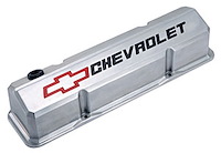 Slant-Edge Tall Cast Aluminum Valve Covers for 1959-1986 Small Block Chevy [Polished, Recessed Emblem]