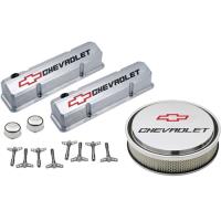 1958-1986 Small Block Chevy Engine Dress-Up Kit with Recessed Red/Black Emblems in Polished Finish