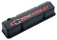 Die-Cast Slant-Edge Valve Covers for 1958-1986 Small Block Chevy Chevrolet/Bowtie Recessed Emblem in Black Crinkle Finish