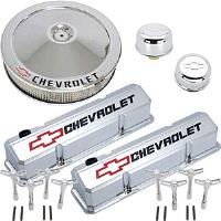 1958-1986 Small Block Chevy Engine Dress-Up Kit with Recessed Red/Black Emblems in Chrome Finish
