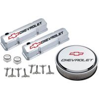 1958-1986 Small Block Chevy Engine Dress-Up Kit with Recessed Red/Black Emblems in Chrome Finish