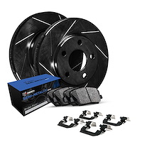 E-Line Slotted Black Brake Rotor Set w/Semi-Met Pads & Hardware, Fits Select Audi/Porsche/Volkswagen, Position: Front