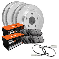 E-Line Slotted Silver Brake Rotor Set w/Super-Duty Pads & Sensor, 2002-2006 Fits Multiple Makes/Models, Position: Front & Rear