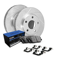 E-Line Slotted Silver Brake Rotor Set w/Semi-Met Pads & Hardware, 2011-2017 Audi/Porsche/Volkswagen, Position: Front