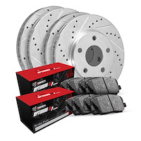 E-Line Drilled & Slotted Silver Brake Rotor Set w/Optimum OE Pads, Fits Select Kia/Hyundai/Genesis, Position: Front & Rear