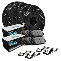 E-Line Drilled & Slotted Black Brake Rotor Set w/Euro Ceramic Pads & Hardware, 2013-2020 BMW, Position: Front & Rear