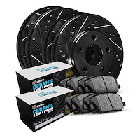 E-Line Drilled & Slotted Black Brake Rotor Set w/Euro Ceramic Pads, 1983-1993 Jaguar, Position: Front & Rear