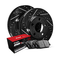 E-Line Drilled & Slotted Black Brake Rotor Set w/Optimum OE Pads, 1999-1999 GM, Position: Front