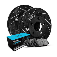 E-Line Drilled & Slotted Black Brake Rotor w/Ceramic Pads, 2008-2017 Mitsubishi, Position: Front