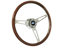 S6 Classic Steering Wheel Kit 1964-1972 Ford/Mercury, 15 in. Diameter, Deluxe Walnut Wood Grip, w/ 6-Bolt Adapter & Horn Button