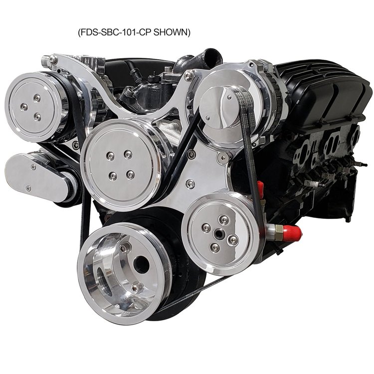 FDS-318-151-CP Front Drive System Small Block Chrysler [w/On Board PS Reservoir, Polished, w/AC/Power Steering, Classic Pulley]