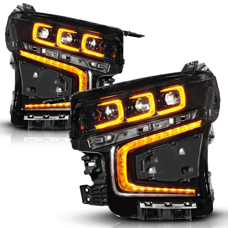 111642X Full LED Projector Headlights for 2021-2023 Chevrolet Suburban, Tahoe [Black w/Amber Daytime Running Lights]