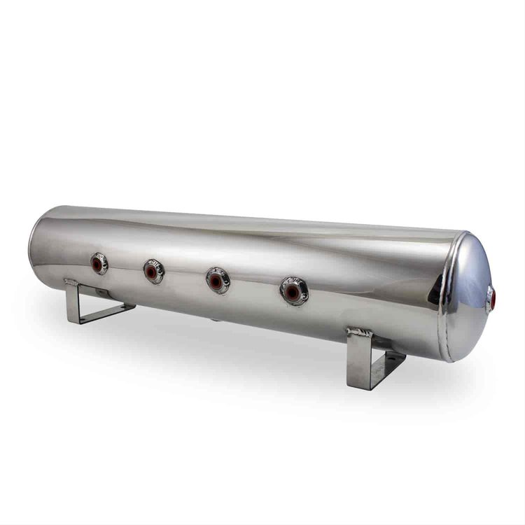 4 Gal Alum Air Tank - 4 1/4 face ports 2 3/8 end ports & 1/4 drain port - 30 L x 6 D - Polished