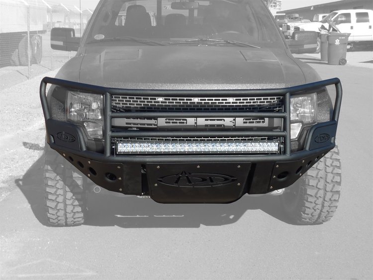 10-14 Ford Raptor Standard Front Rancher Bumper with Stealth Panels and 40 light bar and bar in skid