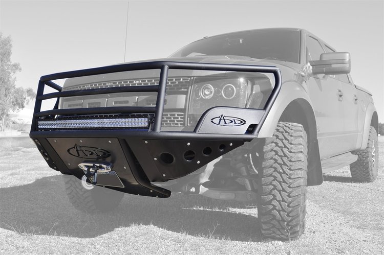 10-14 Ford Raptor Standard Front Rancher Bumper with Stealth Panels and Winch and 40 light bar and b