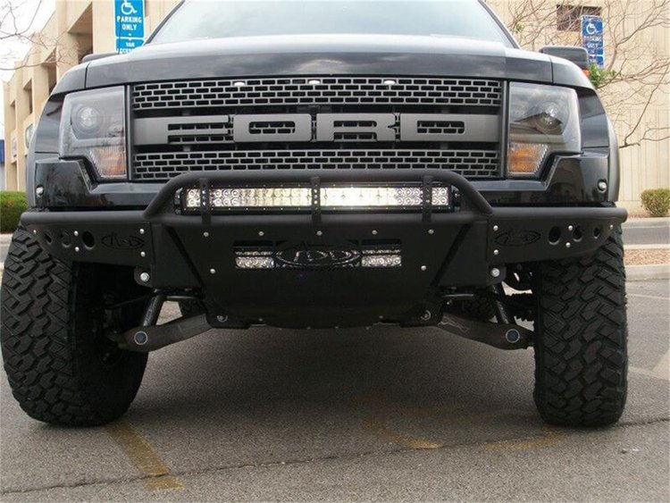 10-14 Ford Raptor Race Series Front Bumper with 30 LED mount in top hoop with stealth panels and wit