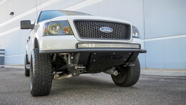 Ford F150 04-08 ADD Lite Front Bumper with 10 Dually mounts/universal plate on top in Hammer Black with Satin Black Skid Plate