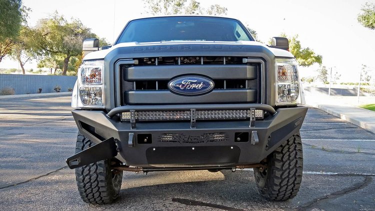 11-Up Ford F-250/350 HoneyBadger Front Bumper with Storage Boxes and 40 Light Bar and Light Bar in H
