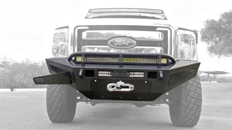 11-Up Ford F-250/350 HoneyBadger Front Bumper with Winch Mount and Storage Boxes and 40 Light Bar an