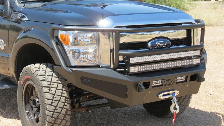 11-Up Ford F-250/350 HoneyBadger Rancher Front Bumper with Winch Mount and Storage Boxes and Dual 40