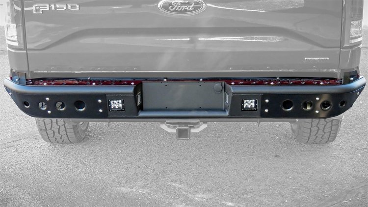 15-Up Ford F-150 Venom Rear Bumper with Backup Sensor Cutout and Dually mounts in Hammer Black with Satin Black panels