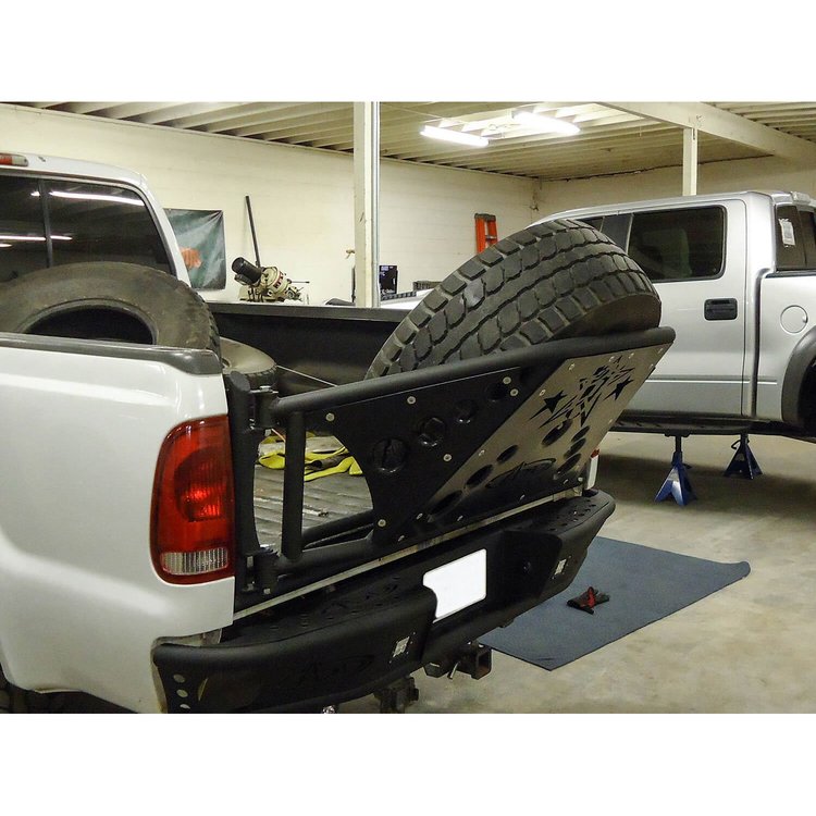 1999-07 Ford F-250/350 Rear Gate Tire Holder with Stealth Panels in Hammer black with Satin Black panels