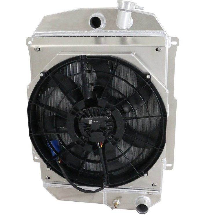 1-10503-218BL300 High-Performance GM LS Swap Radiator & Brushless Fan Kit, 1939 Chevy Street Rod, Auto Trans, W/Shroud