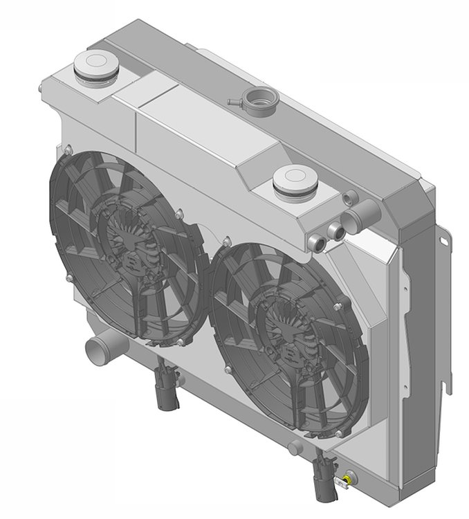 1-1640-212HCBLACINXX300 Supercharged Dodge Hellcat Swap Radiator & Brushless Fan Kit, 1966-1969 Mopar B/E-Body, Auto Trans