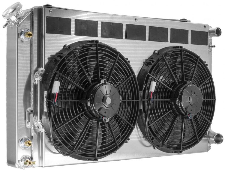 OE-Fit Aluminum Radiator Module with Transmission Oil Cooler and Dual 13 in. Spal Fans 1968-1972 Chevy Chevelle