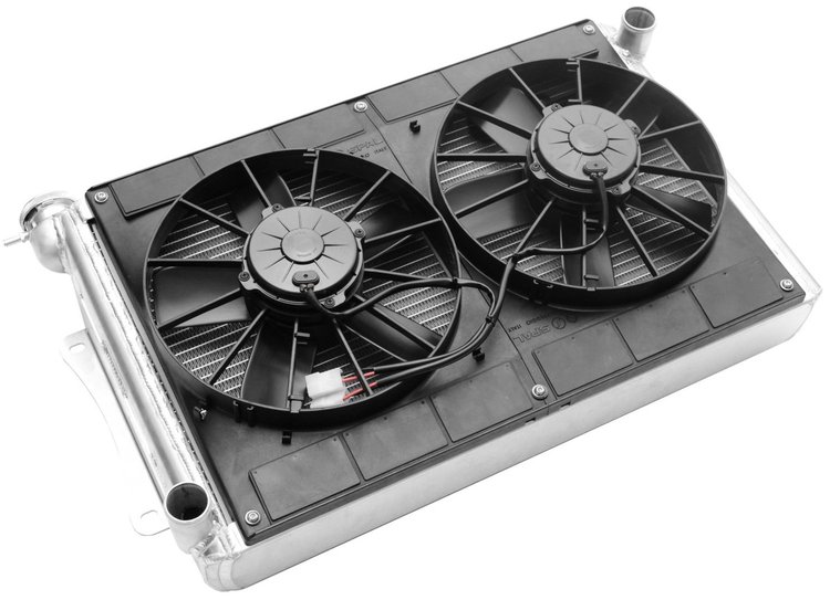 High-Efficiency Core OE-Fit Aluminum Radiator Module with Dual 13 in. Spal Fans 1964-1966 Ford Mustang