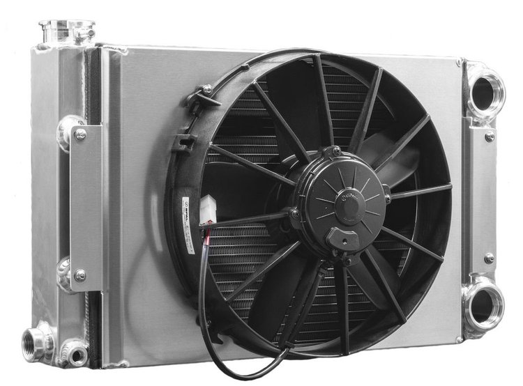 Radiator Module 55 mm Scirocco Style Open 22 in. x 13 in. -20 AN Port Inlet & Outlet w/ 12 in. Spal Fan & Shroud