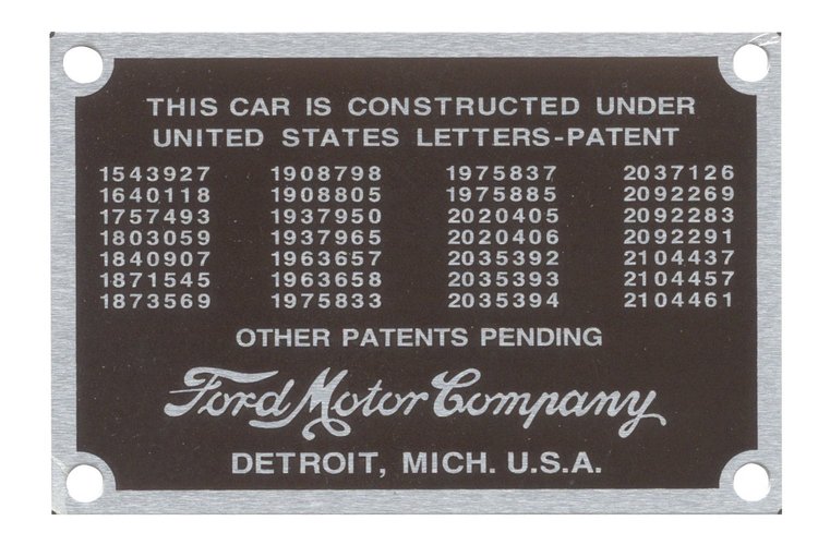 78-14001 Patent Data Plate, 1937-39 Ford
