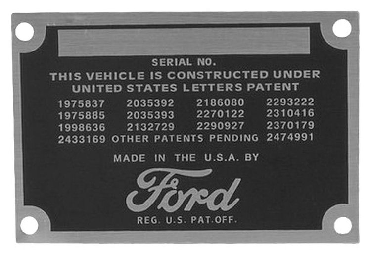 7C-14001 Patent Data Plate, 1948-52 Ford Pickup