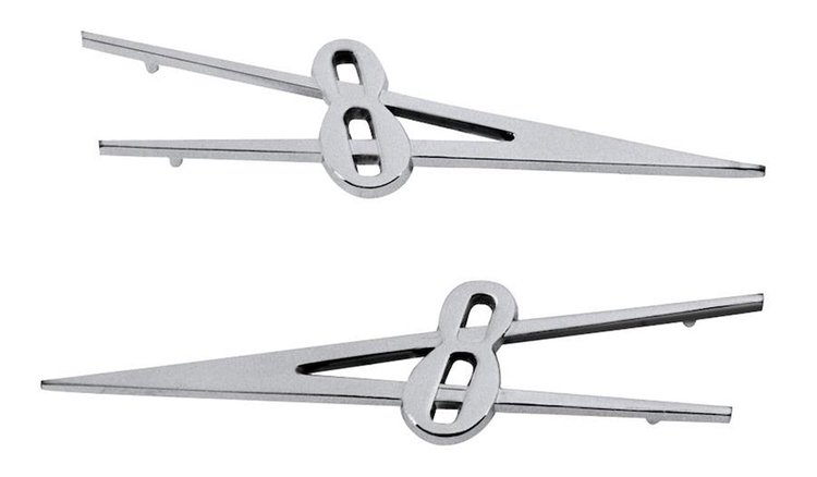 81A-16605/6 Hood Side Emblems, 1938 Ford Deluxe